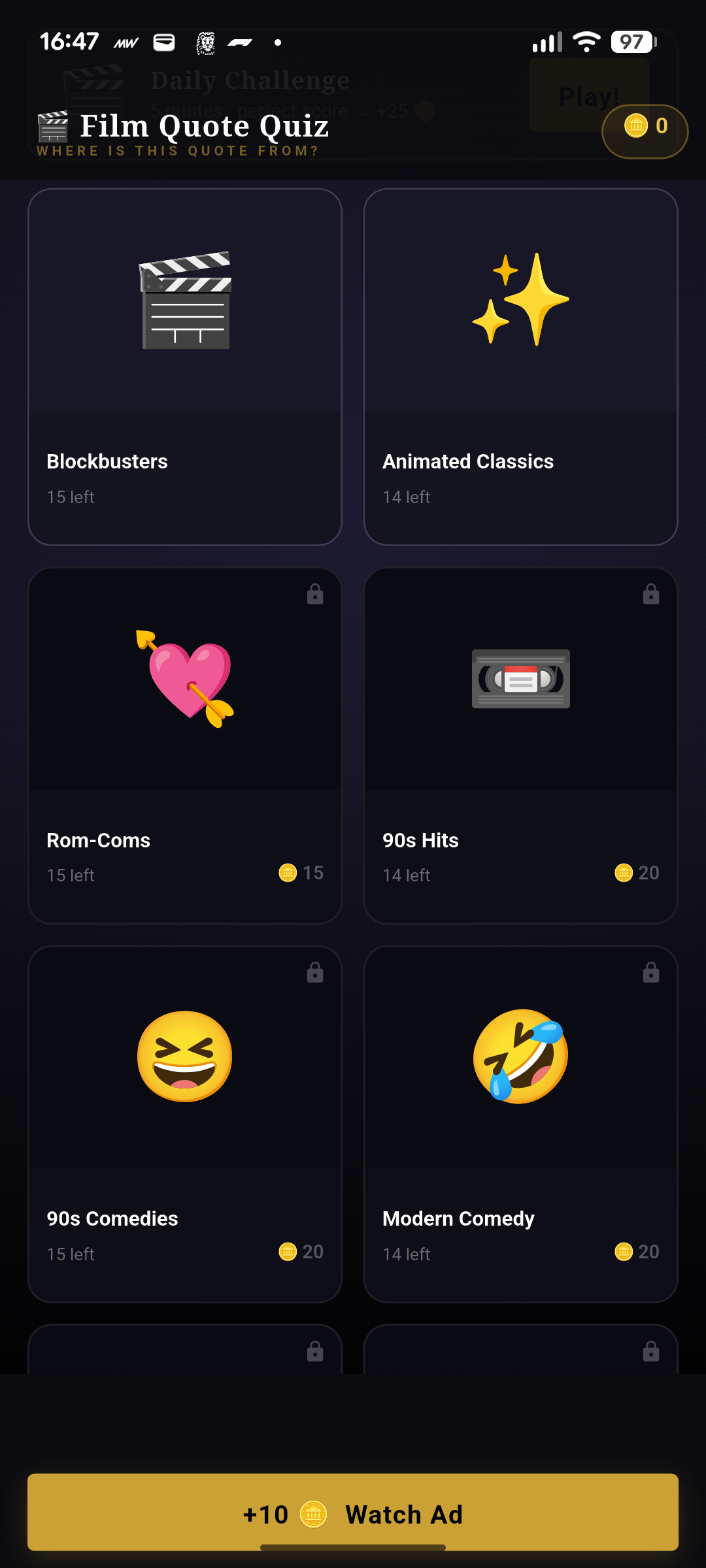 Film Quote Quiz categories screen